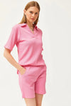 2-Piece Set Dusty Rose Polo Collar Top with Ribbed Pocket Shorts