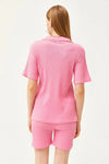 2-Piece Set Dusty Rose Polo Collar Top with Ribbed Pocket Shorts