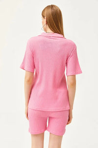 2-Piece Set Dusty Rose Polo Collar Top with Ribbed Pocket Shorts