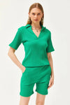 2-Piece Set Dusty Rose Polo Collar Top with Ribbed Pocket Shorts