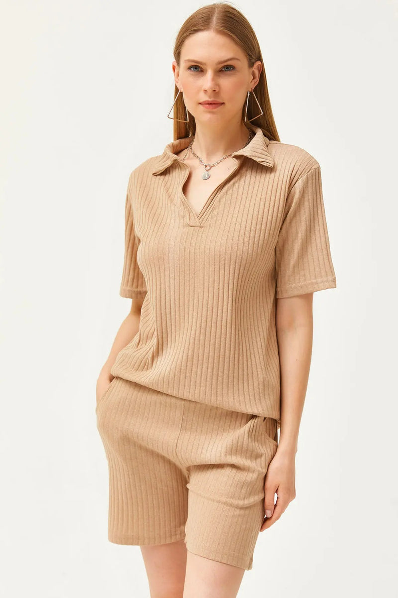 2-Piece Set Dusty Rose Polo Collar Top with Ribbed Pocket Shorts
