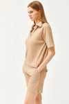 2-Piece Set Dusty Rose Polo Collar Top with Ribbed Pocket Shorts