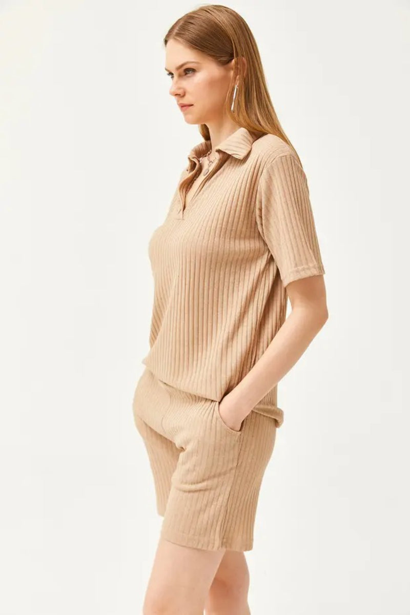 2-Piece Set Dusty Rose Polo Collar Top with Ribbed Pocket Shorts