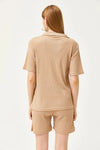 2-Piece Set Dusty Rose Polo Collar Top with Ribbed Pocket Shorts