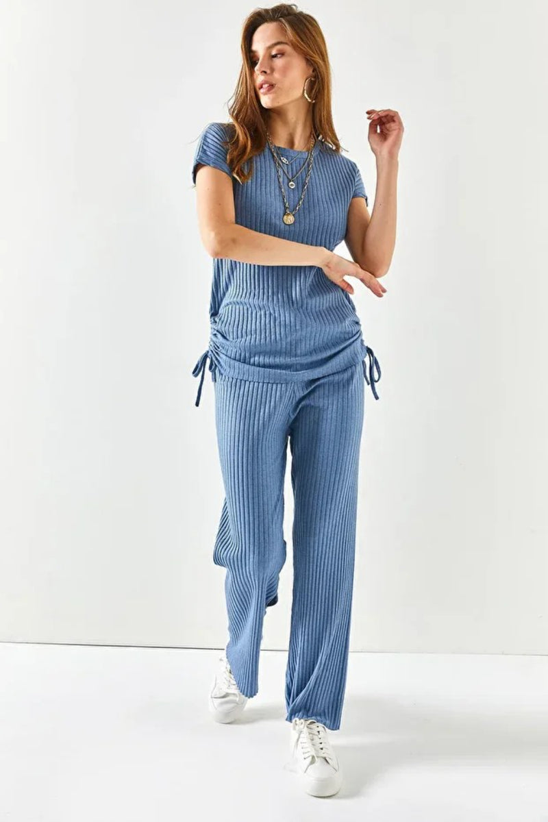 2-Piece Set – Side-Ruched Blouse and Palazzo Pants