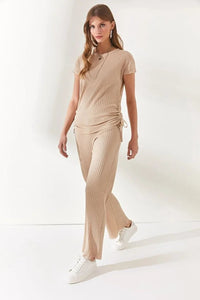 2-Piece Set – Side-Ruched Blouse and Palazzo Pants