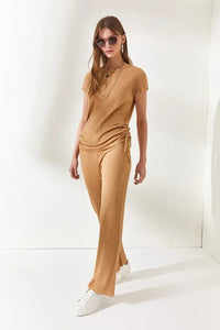 2-Piece Set – Side-Ruched Blouse and Palazzo Pants