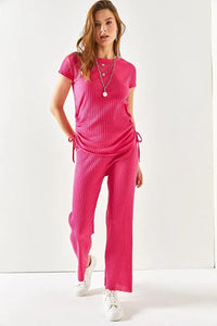 2-Piece Set – Side-Ruched Blouse and Palazzo Pants
