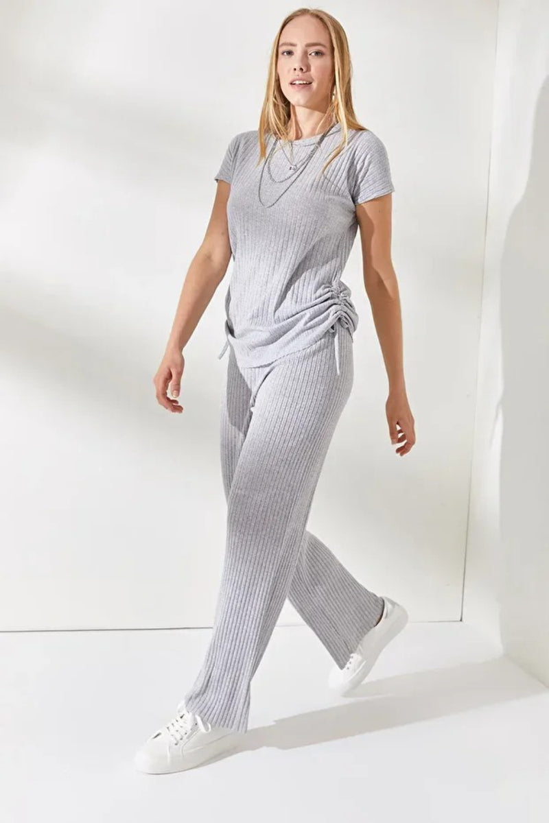 2-Piece Set – Side-Ruched Blouse and Palazzo Pants