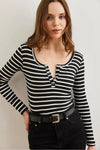 Striped Button Placket Ribbed Blouse