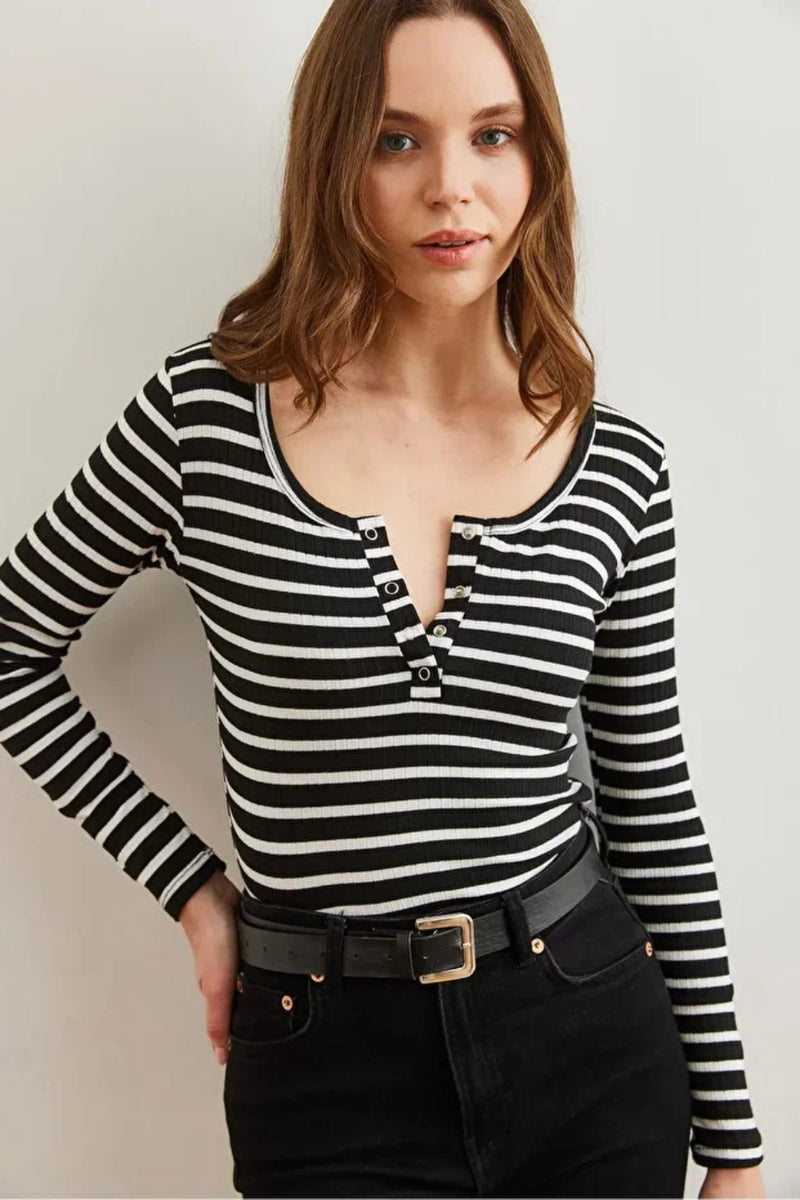 Striped Button Placket Ribbed Blouse