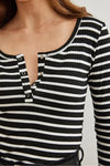 Striped Button Placket Ribbed Blouse