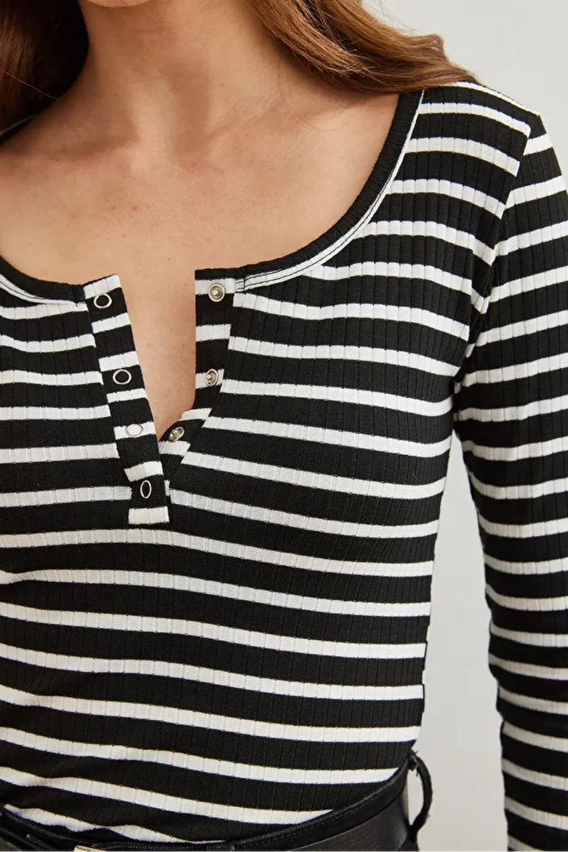 Striped Button Placket Ribbed Blouse