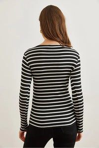 Striped Button Placket Ribbed Blouse