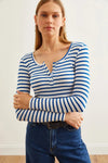 Striped Button Placket Ribbed Blouse