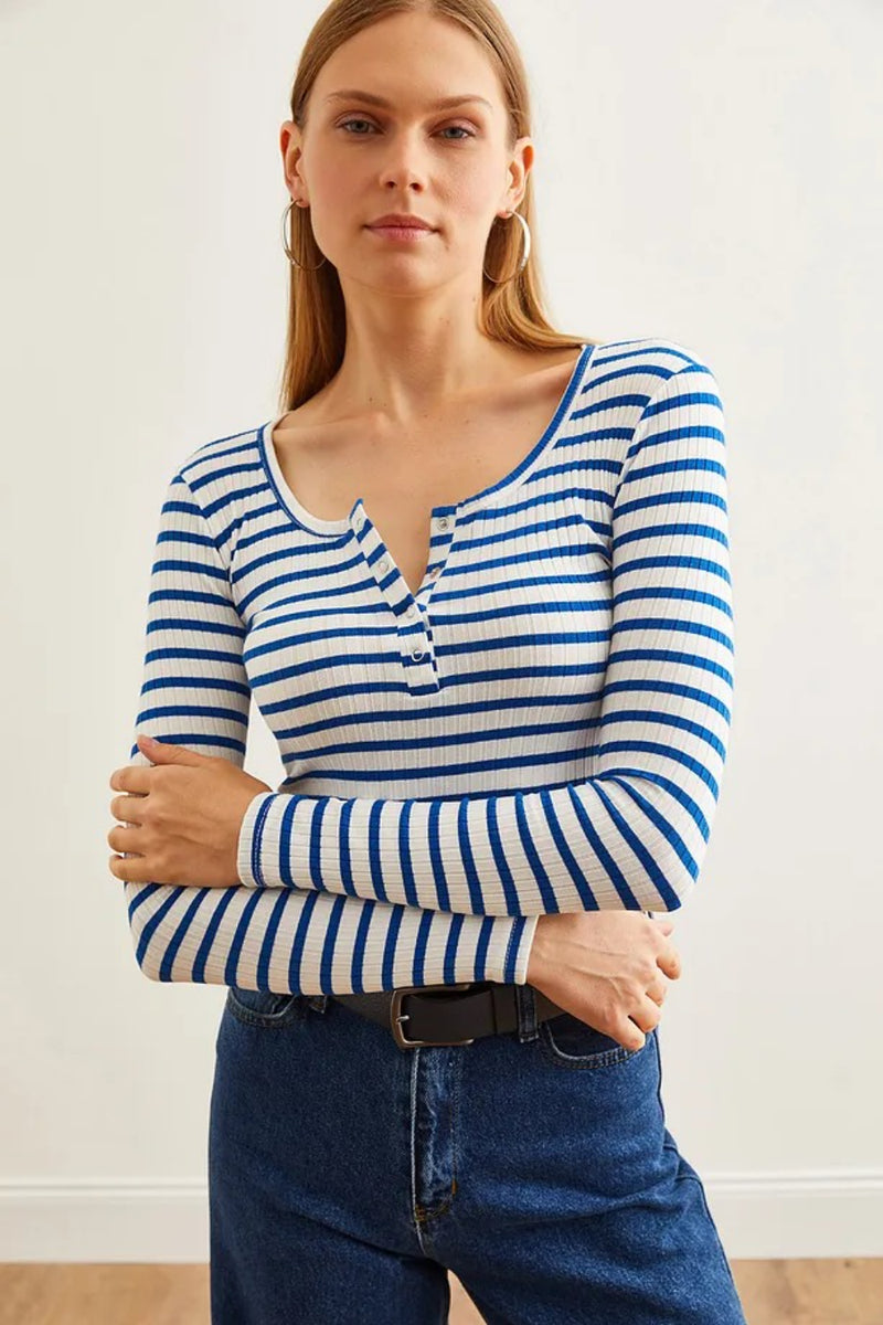 Striped Button Placket Ribbed Blouse