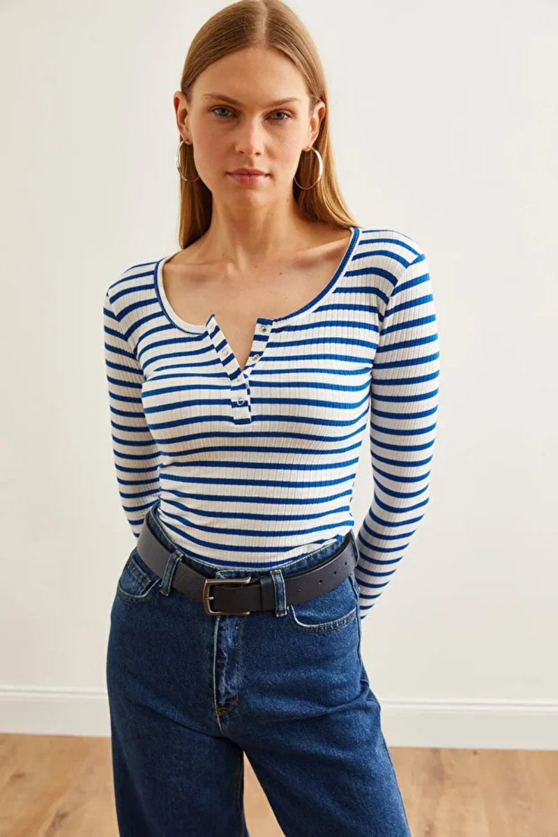 Striped Button Placket Ribbed Blouse