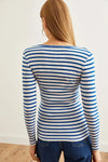 Striped Button Placket Ribbed Blouse