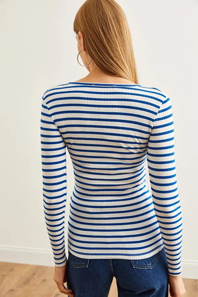 Striped Button Placket Ribbed Blouse