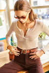 Striped Button Placket Ribbed Blouse