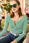 Striped Button Placket Ribbed Blouse