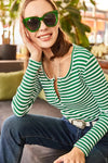 Striped Button Placket Ribbed Blouse