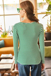 Striped Button Placket Ribbed Blouse