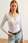 Striped Button Placket Ribbed Blouse