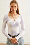 Striped Button Placket Ribbed Blouse