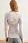 Striped Button Placket Ribbed Blouse
