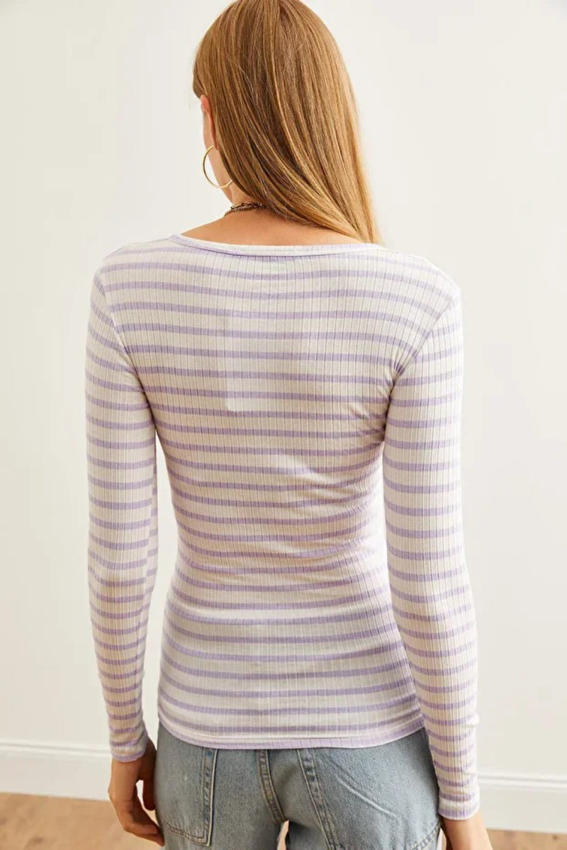Striped Button Placket Ribbed Blouse