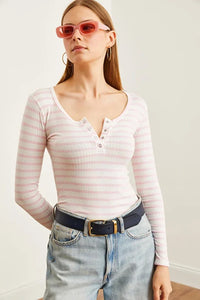 Striped Button Placket Ribbed Blouse