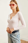 Striped Button Placket Ribbed Blouse