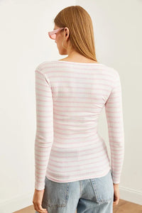 Striped Button Placket Ribbed Blouse