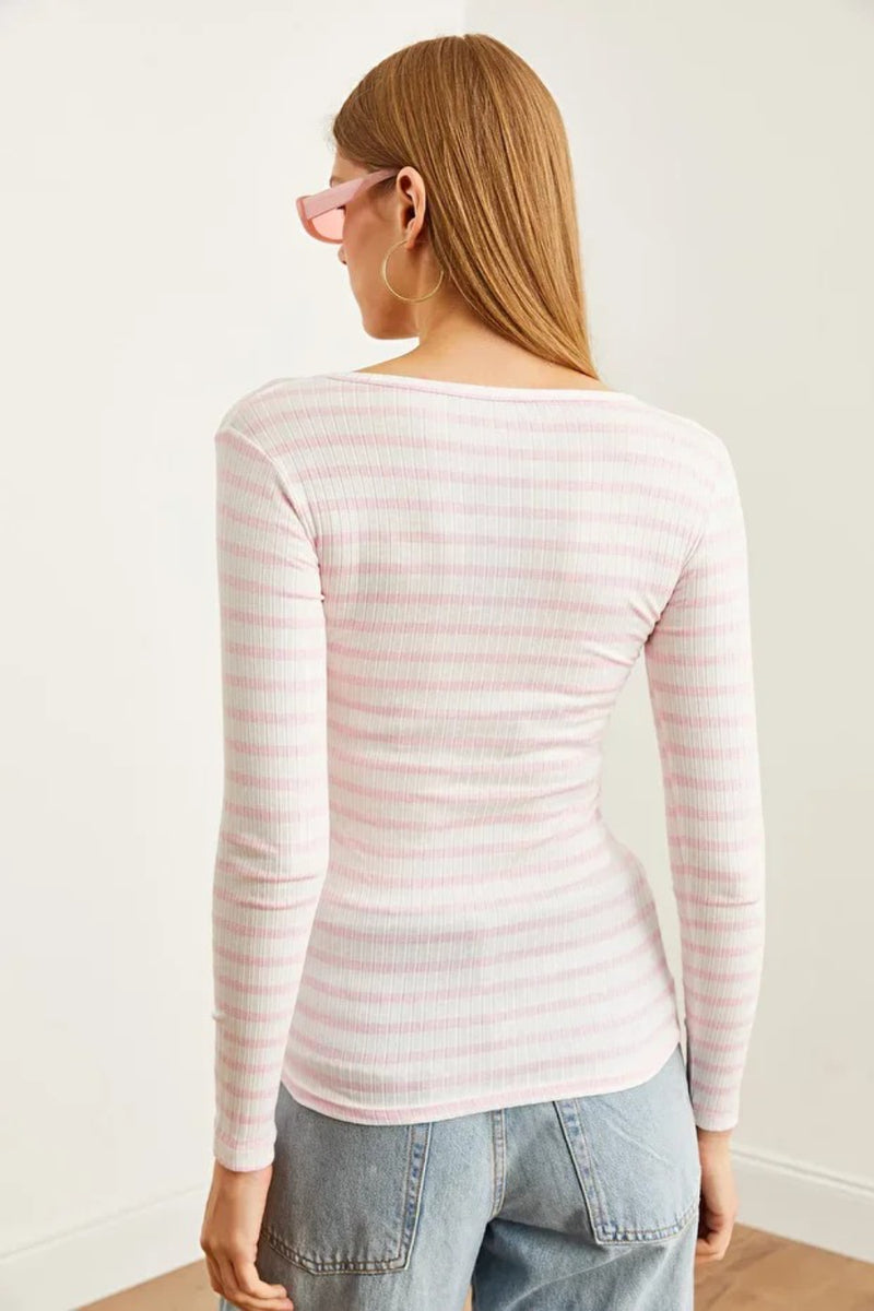 Striped Button Placket Ribbed Blouse