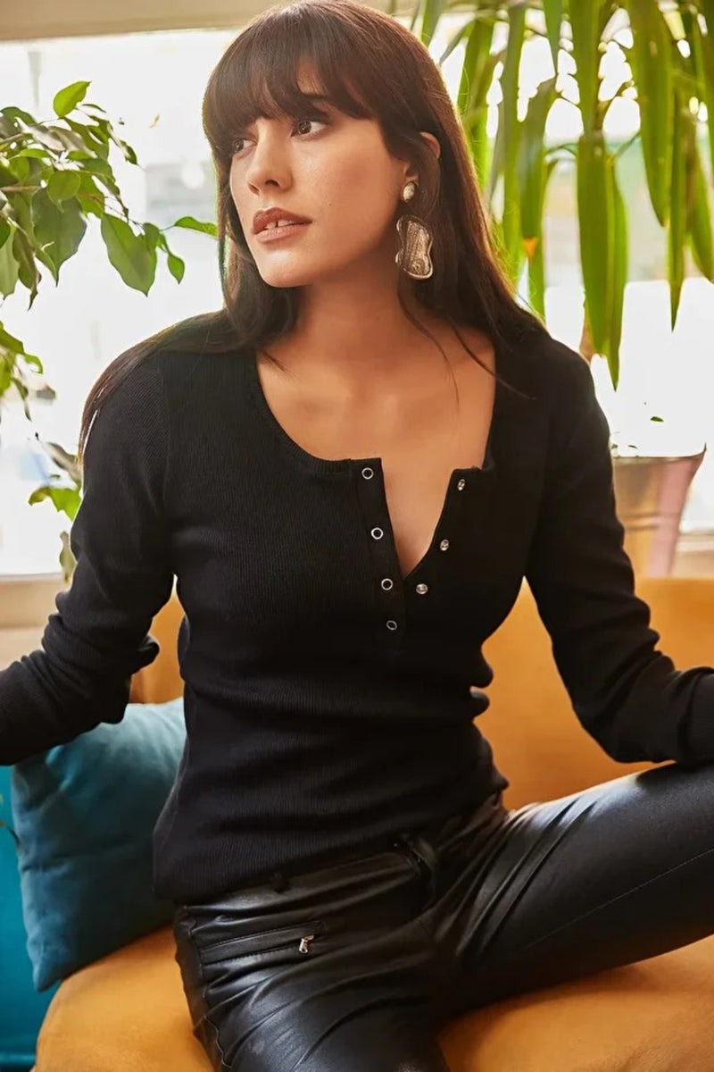 Button Placket Ribbed Blouse
