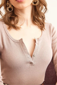 Button Placket Ribbed Blouse