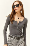 Button Placket Ribbed Blouse