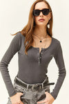 Button Placket Ribbed Blouse