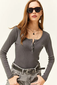 Button Placket Ribbed Blouse