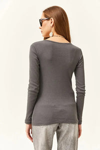 Button Placket Ribbed Blouse