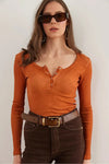 Button Placket Ribbed Blouse