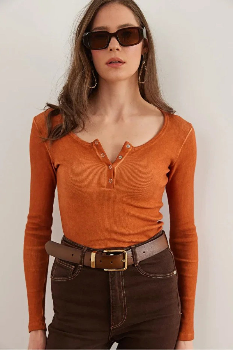 Button Placket Ribbed Blouse