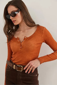 Button Placket Ribbed Blouse