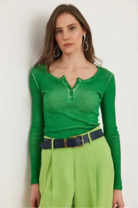 Button Placket Ribbed Blouse