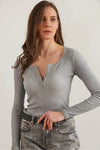 Button Placket Ribbed Blouse