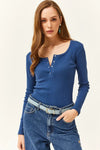 Button Placket Ribbed Blouse