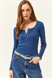 Button Placket Ribbed Blouse