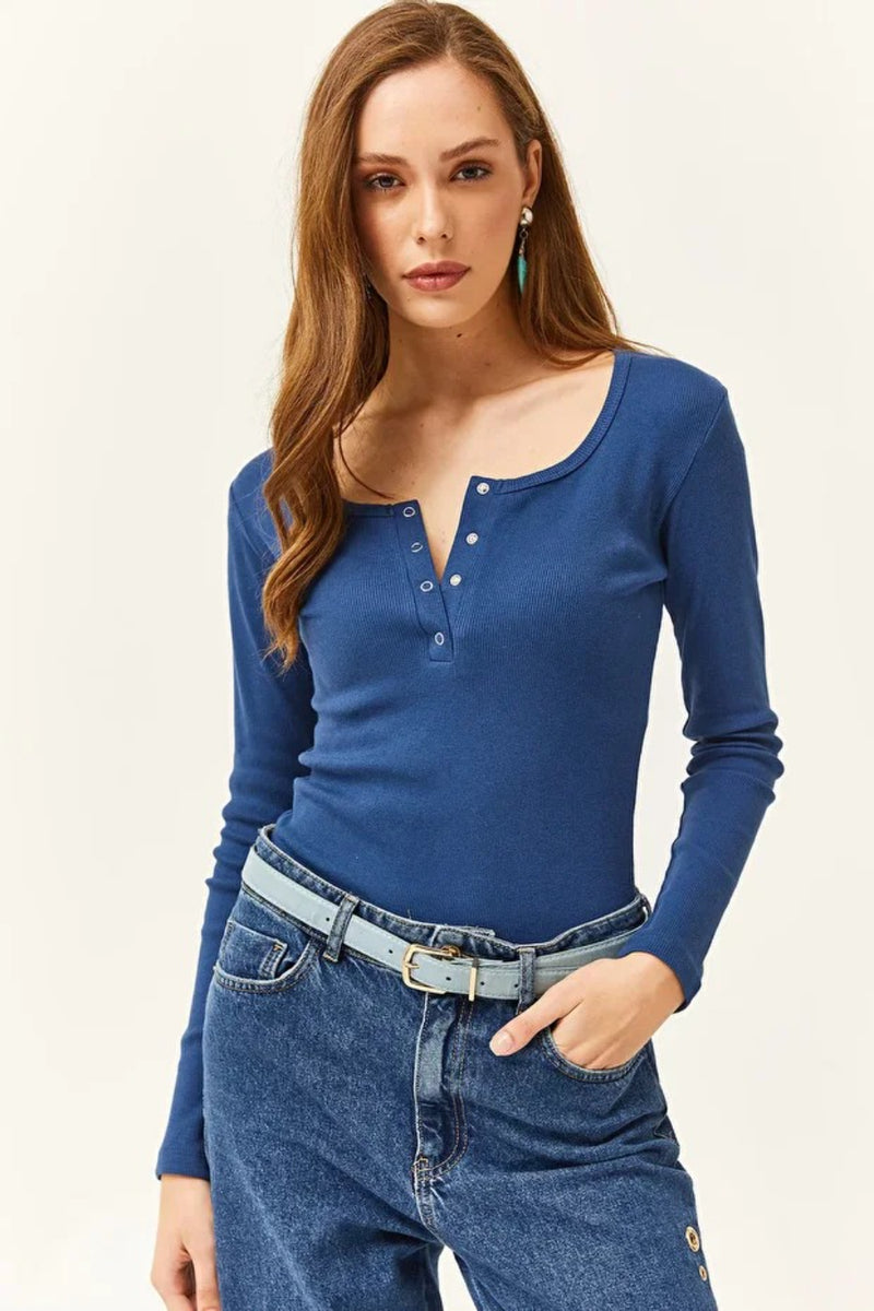 Button Placket Ribbed Blouse
