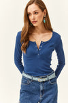 Button Placket Ribbed Blouse
